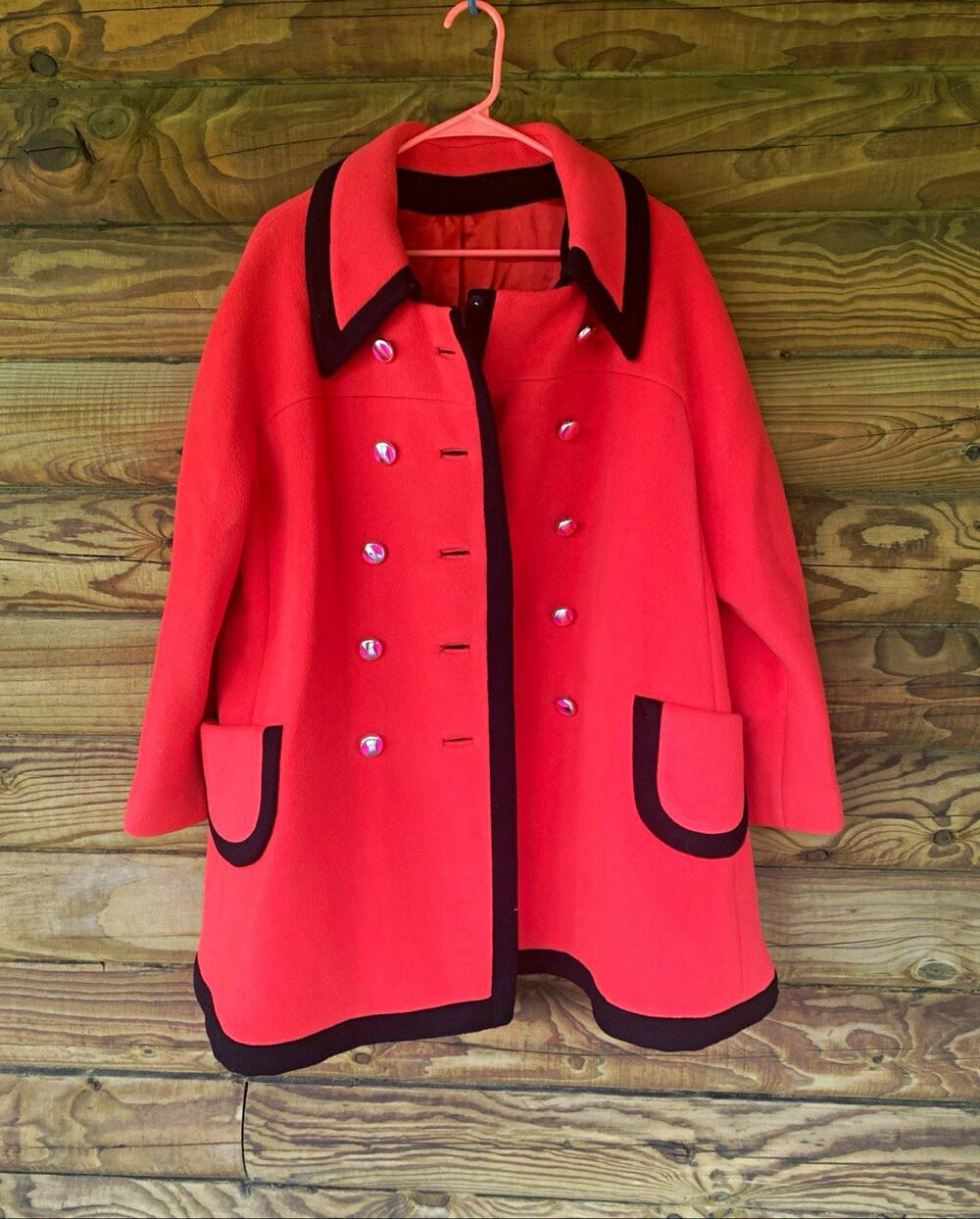 Vintage Red Coat Black Trim Button Front Mid-Length Overcoat XL J19